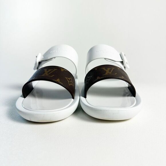 LOUIS VUITTON White Sunbath Flat Slide Sandals 39 US 9 Brown Monogram Canvas - Picture 6 of 12